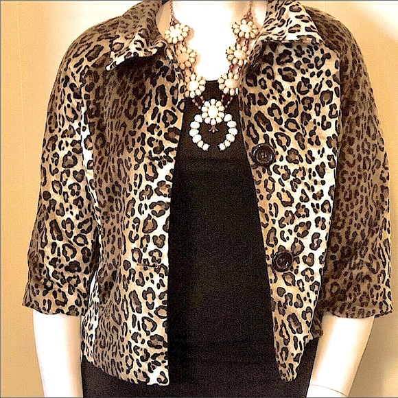 LEOPARD PRINT JACKET BLAZER TOP COAT SATIN LINED SMOOTH VELVET  BLACK BUTTON  M - Picture 3 of 4